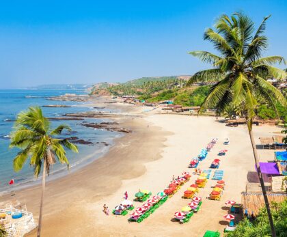 Vagator or Ozran beach aerial panoramic view in north Goa, India